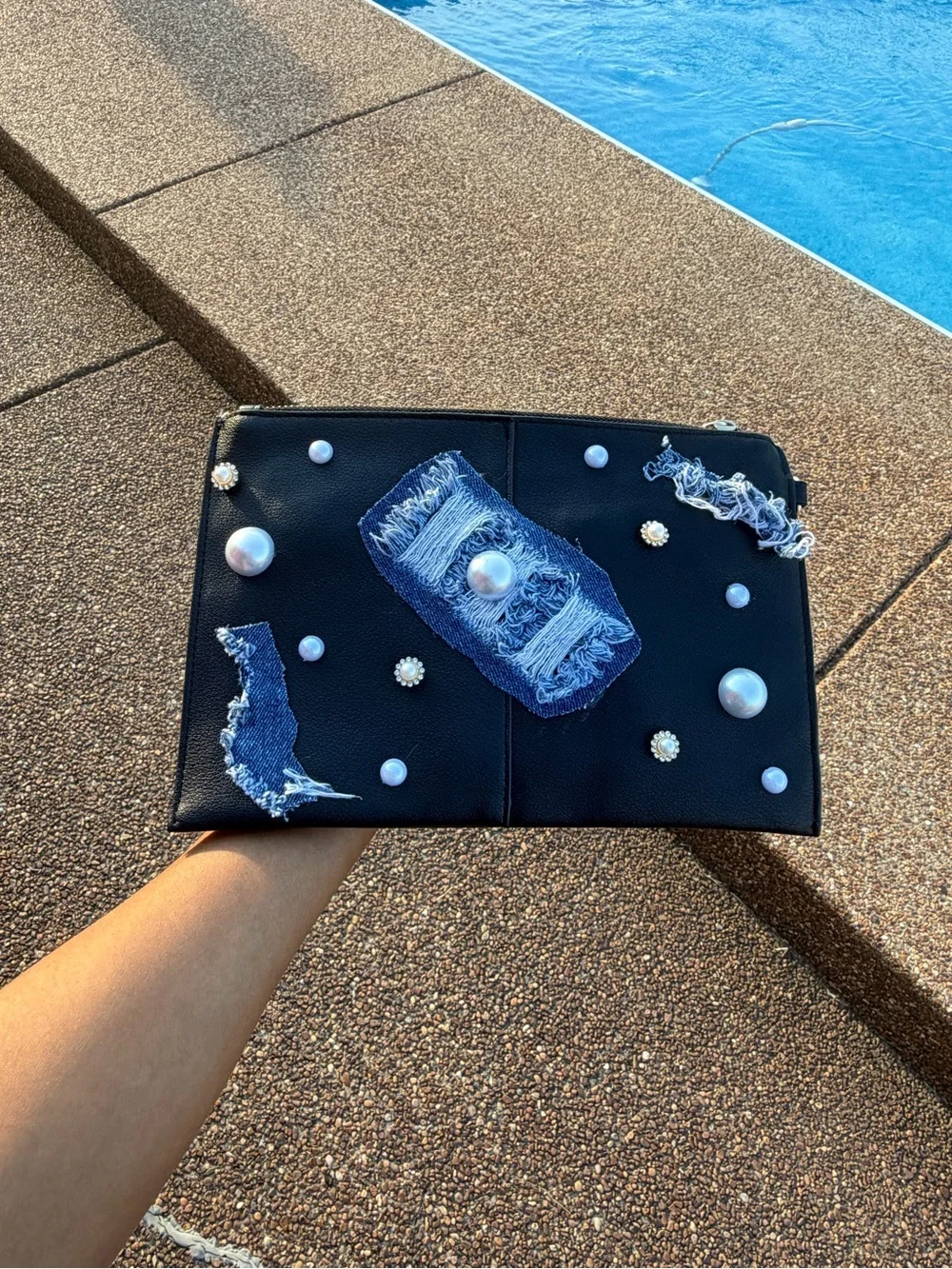Black Pearl & Denim Patch Wristlet Clutch